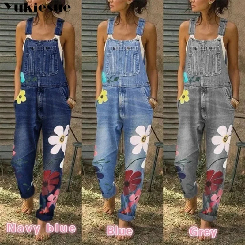 Floral-print sleeveless denim romper with a sexy bodysuit-style look, denim overalls or jumpsuit for women and girls