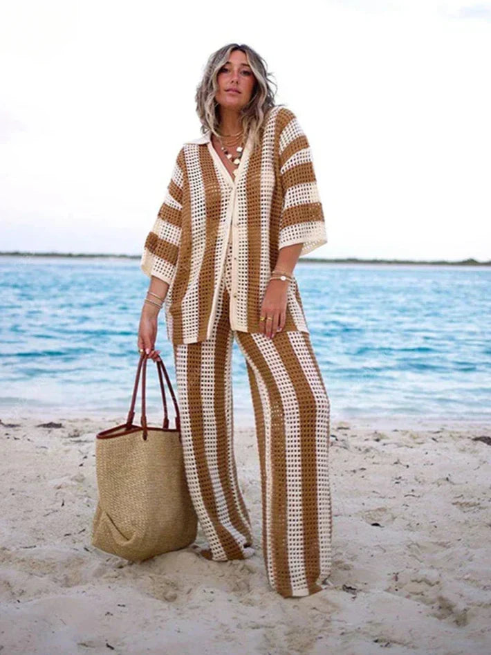 Zenaida™ | Crochet Striped Kimono and Pants Set