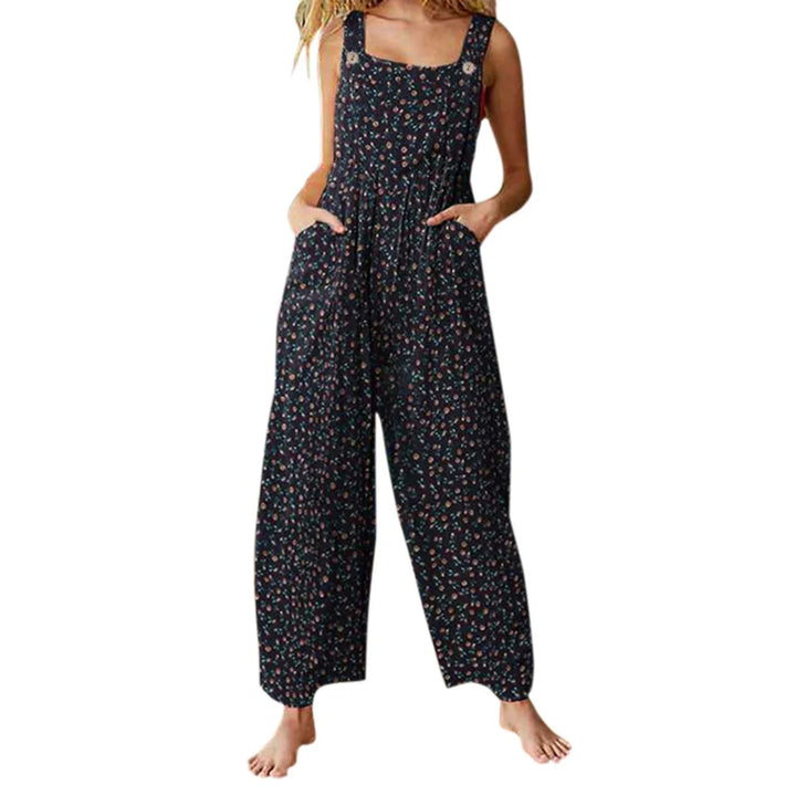 Casual, loose-fitting short jumpsuit for women, bohemian style, sleeveless, square neckline, floral print