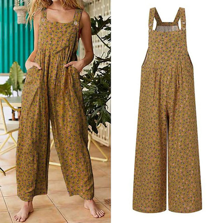Casual, loose-fitting short jumpsuit for women, bohemian style, sleeveless, square neckline, floral print