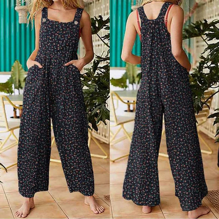 Casual, loose-fitting short jumpsuit for women, bohemian style, sleeveless, square neckline, floral print