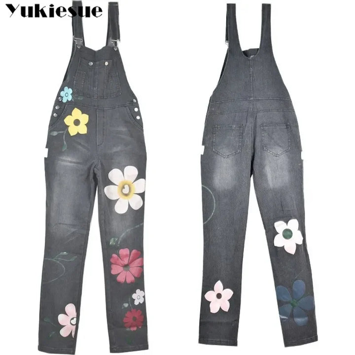 Floral-print sleeveless denim romper with a sexy bodysuit-style look, denim overalls or jumpsuit for women and girls