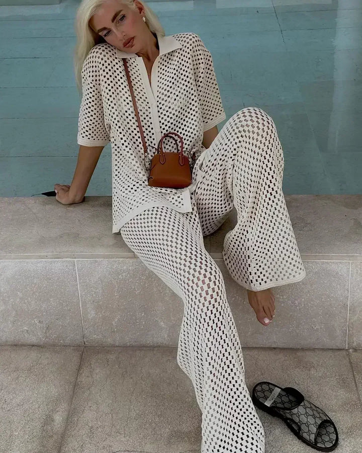 Zenaida™ | Crochet Striped Kimono and Pants Set