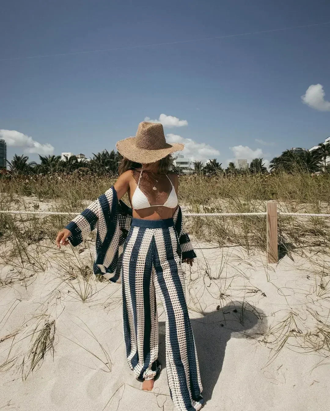 Zenaida™ | Crochet Striped Kimono and Pants Set