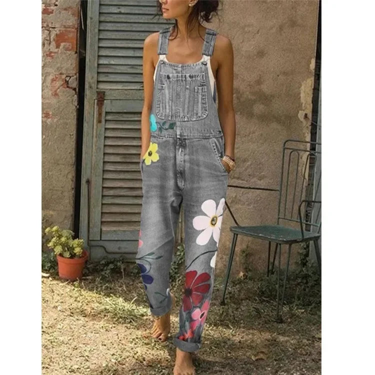 Floral-print sleeveless denim romper with a sexy bodysuit-style look, denim overalls or jumpsuit for women and girls