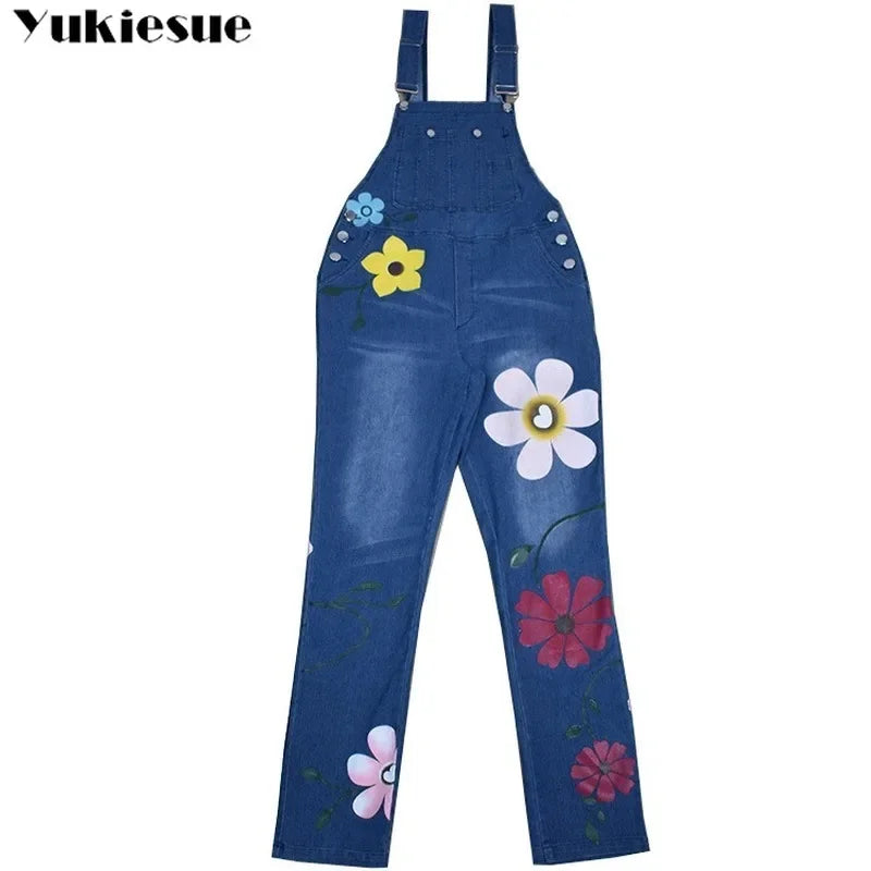 Floral-print sleeveless denim romper with a sexy bodysuit-style look, denim overalls or jumpsuit for women and girls
