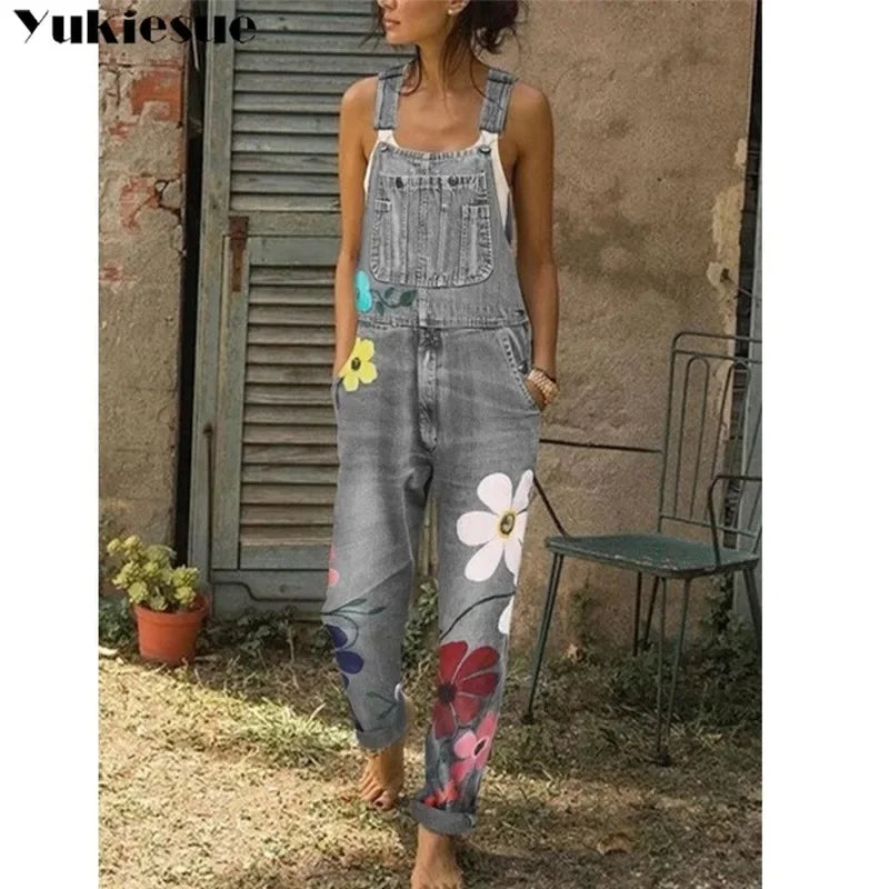 Floral-print sleeveless denim romper with a sexy bodysuit-style look, denim overalls or jumpsuit for women and girls
