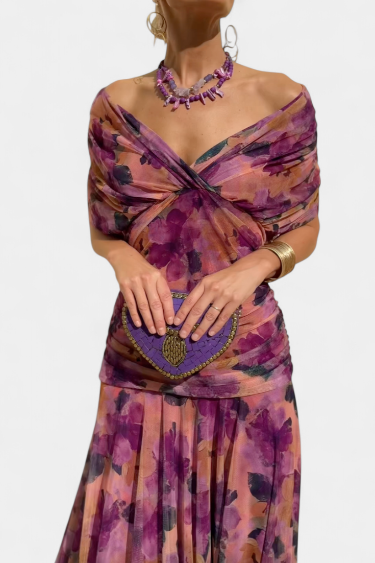 Rosamund - Long floral off shoulder chiffon dress