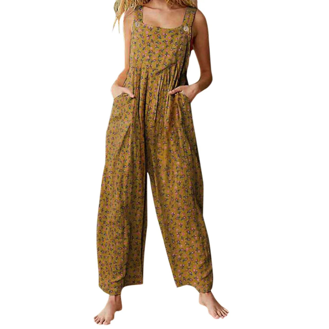 Casual, loose-fitting short jumpsuit for women, bohemian style, sleeveless, square neckline, floral print