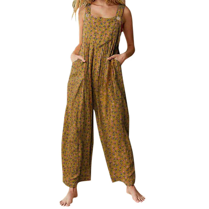 Casual, loose-fitting short jumpsuit for women, bohemian style, sleeveless, square neckline, floral print