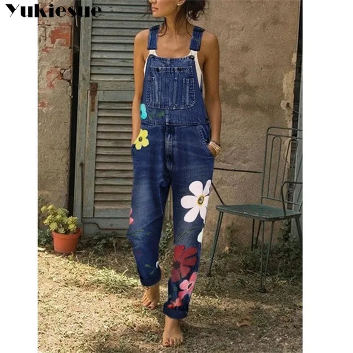 Floral-print sleeveless denim romper with a sexy bodysuit-style look, denim overalls or jumpsuit for women and girls