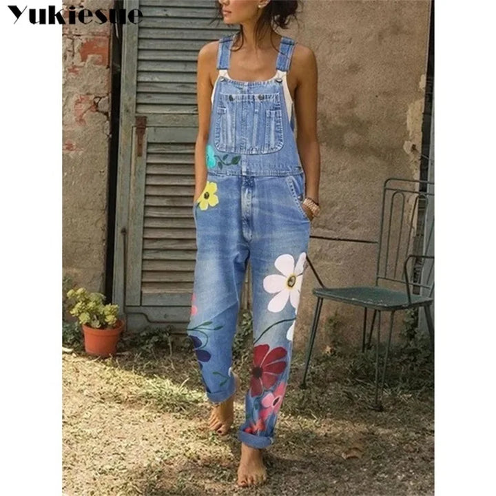 Floral-print sleeveless denim romper with a sexy bodysuit-style look, denim overalls or jumpsuit for women and girls