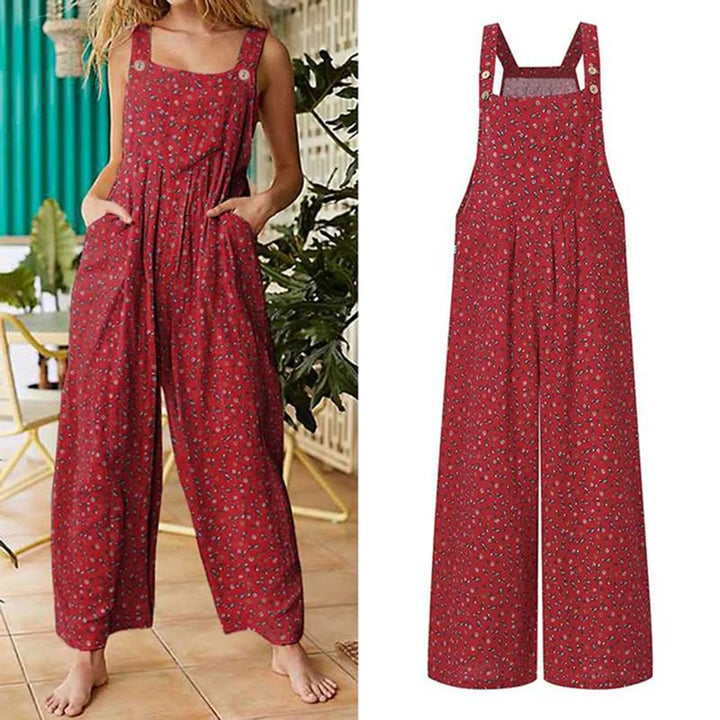 Casual, loose-fitting short jumpsuit for women, bohemian style, sleeveless, square neckline, floral print