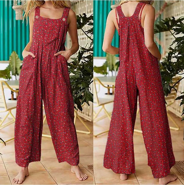 Casual, loose-fitting short jumpsuit for women, bohemian style, sleeveless, square neckline, floral print