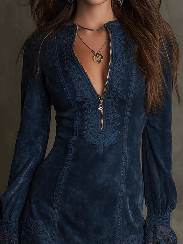 Evelyn - Blue Tunic with Embroidery and Zip