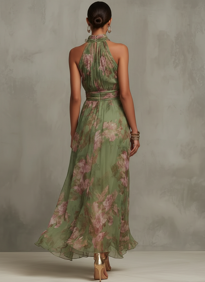 Livia | Elegant Floral Print Halter Maxi Dress