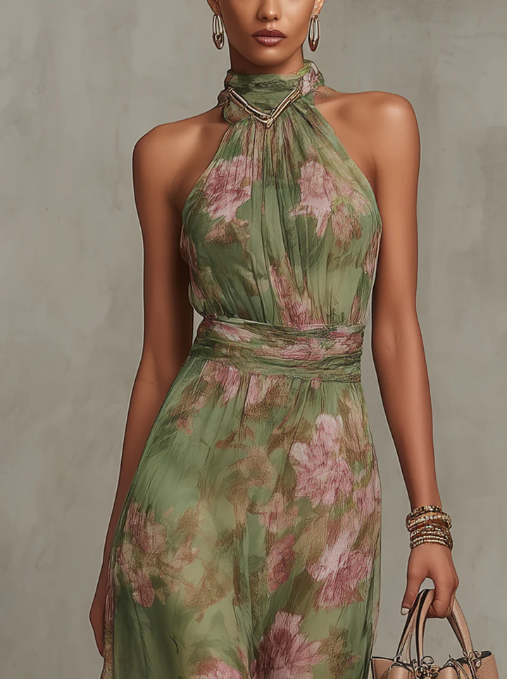 Livia | Elegant Floral Print Halter Maxi Dress