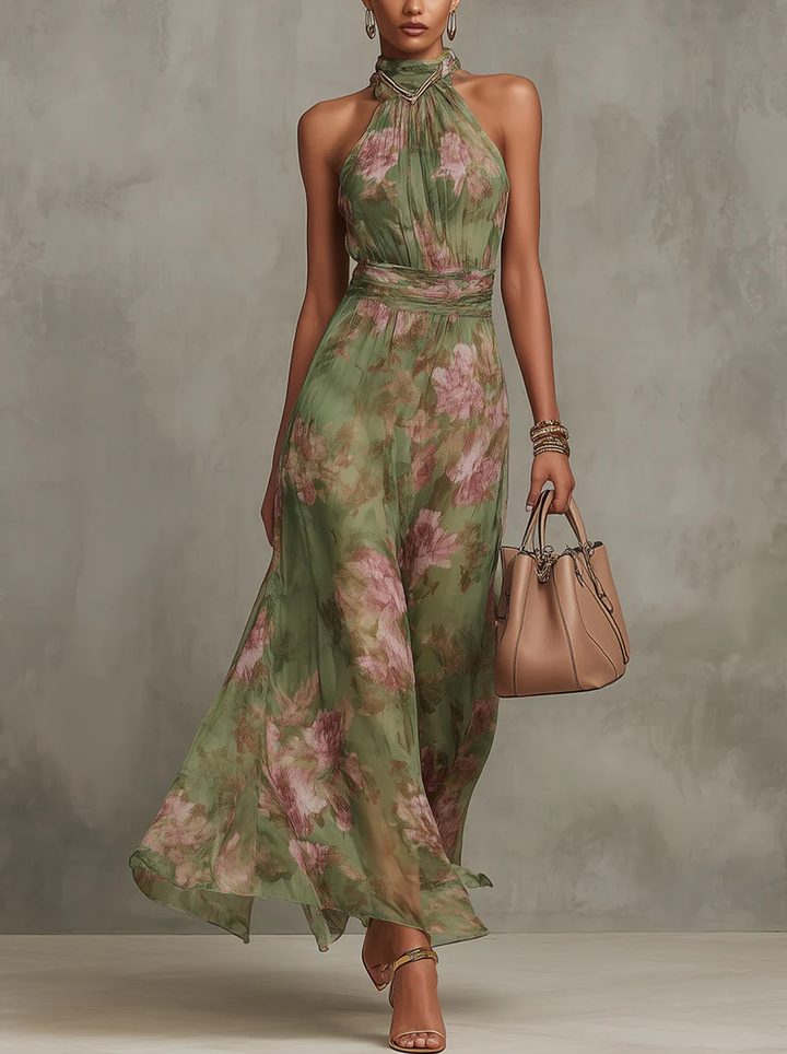 Livia | Elegant Floral Print Halter Maxi Dress