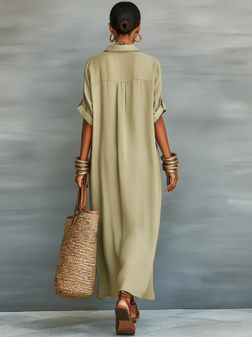 Manelle | Olive green long dress with minimalist lines