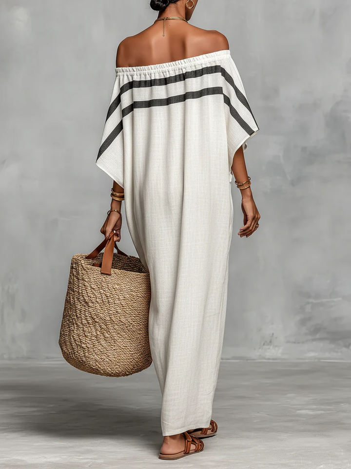 Inés | Long dress with off-the-shoulder neckline and bat-wing sleeves