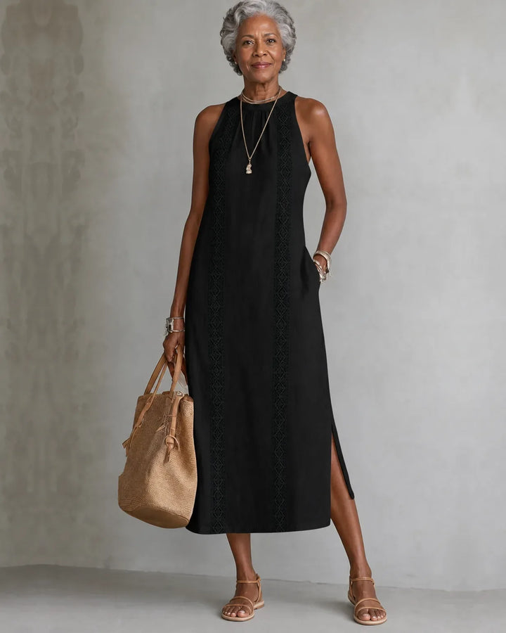 Jimena | Embroidered Mandarin-Collar Midi Dress