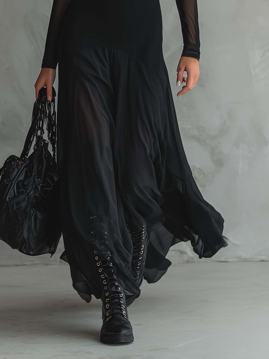 Elena · Black Maxi Dress with Sheer Sleeves