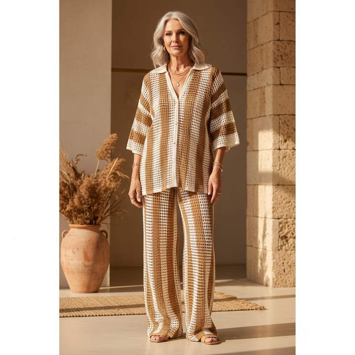 Zenaida™ | Crochet Striped Kimono and Pants Set