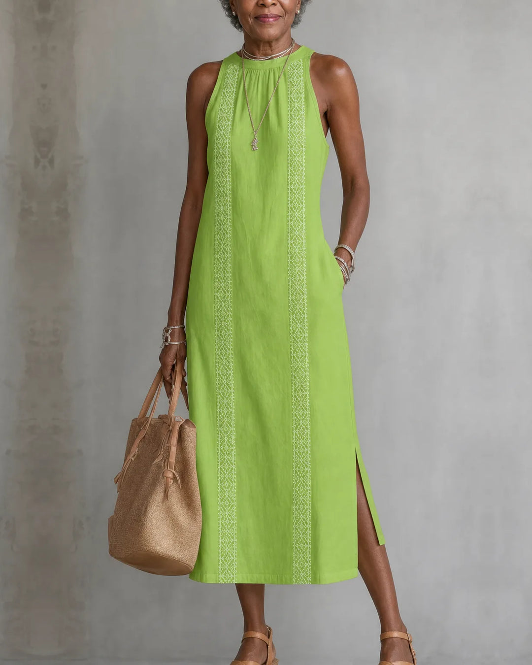 Jimena | Embroidered Mandarin-Collar Midi Dress
