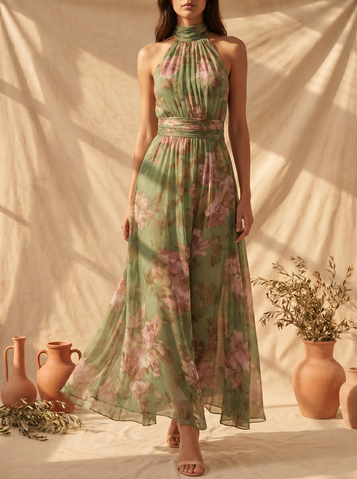 Livia | Elegant Floral Print Halter Maxi Dress