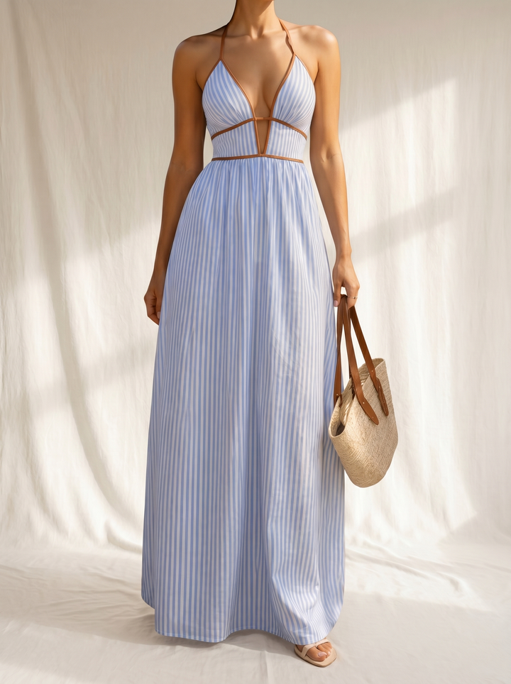 Laurina | Long striped dress with a cut-out neckline