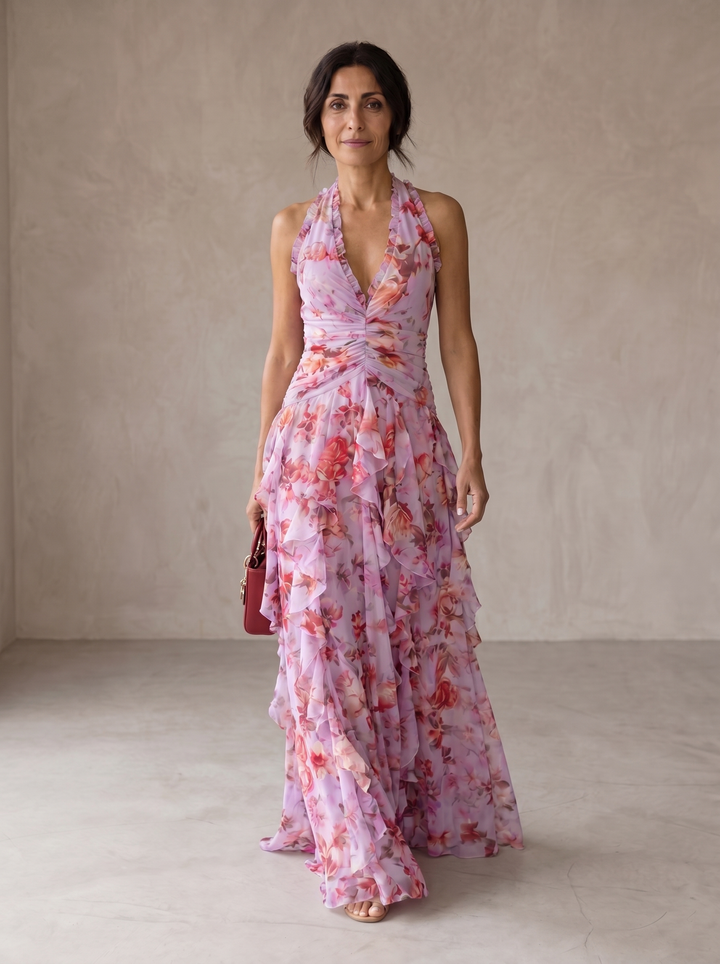 Belladina | Romantic Rose Cascade Maxi Dress with American Neckline