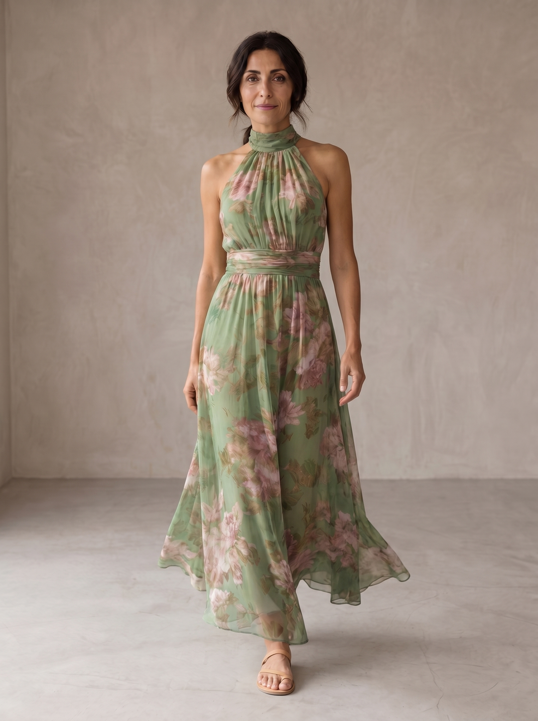 Livia | Elegant Floral Print Halter Maxi Dress