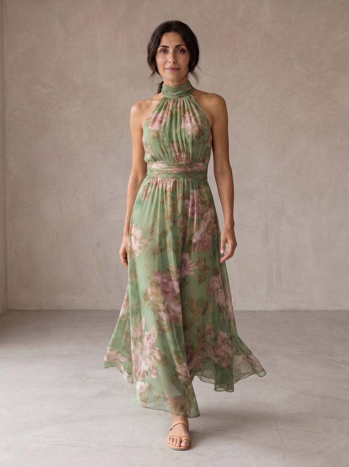 Livia | Elegant Floral Print Halter Maxi Dress