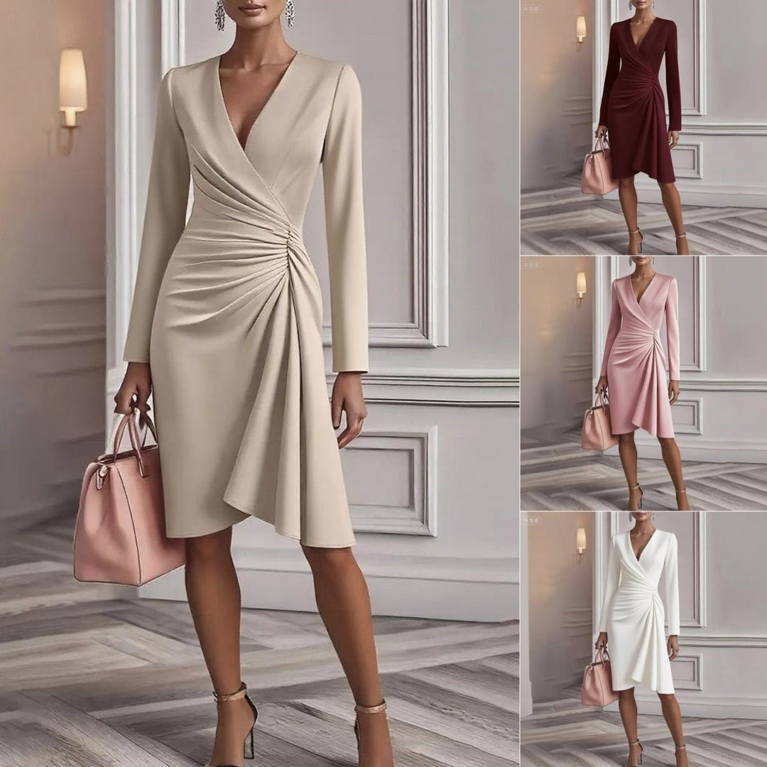 ELVENA™ | Draped V-Neck Midi Dress